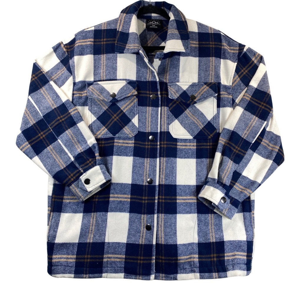 HFX Mens Blue White Plaid Fleece Lined Flannel Shirt Jacket Shacket Medium